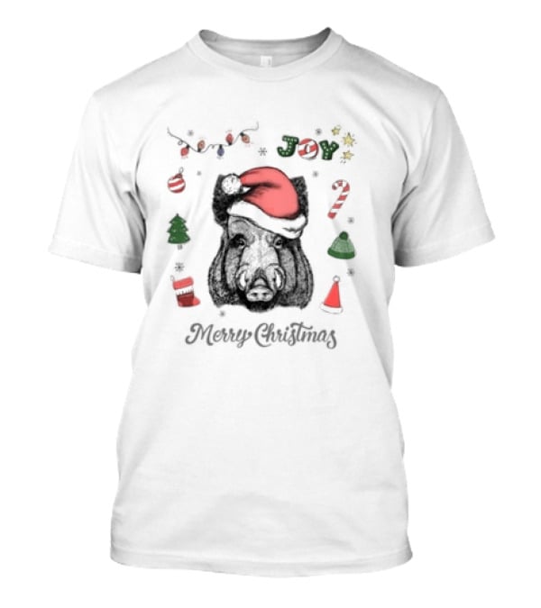 Boar Merry Christmas Joy With Santa Hat And Festive Icons T-Shirt