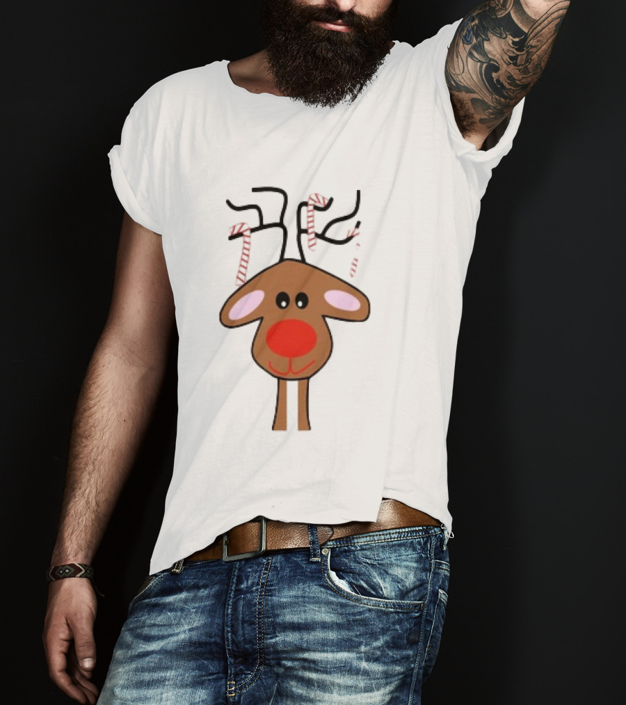 Red Nose Christmas Reindeer With Candy Cane Antlers T-Shirt