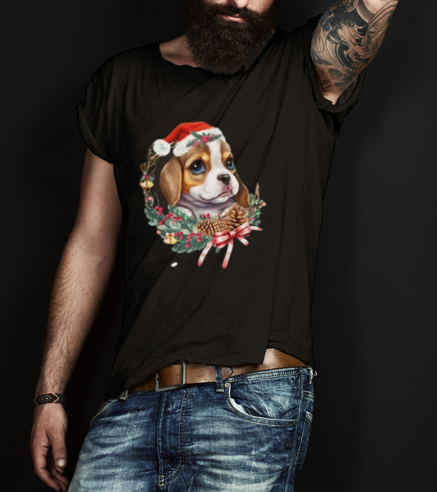 Christmas Beagle With Santa Hat And Holiday Wreath T-Shirt
