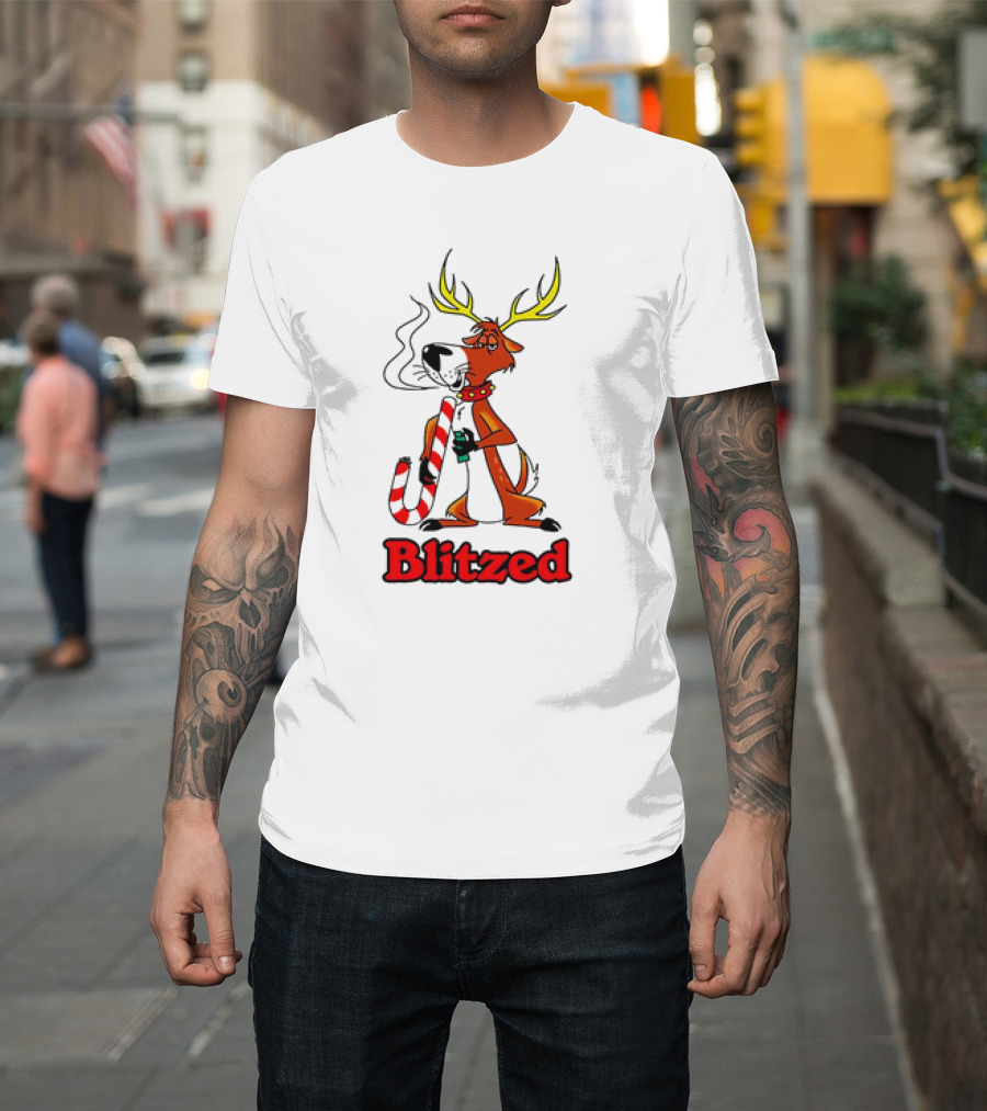 Blitzed Reindeer With Candy Cane And Holiday Cheer T-Shirt