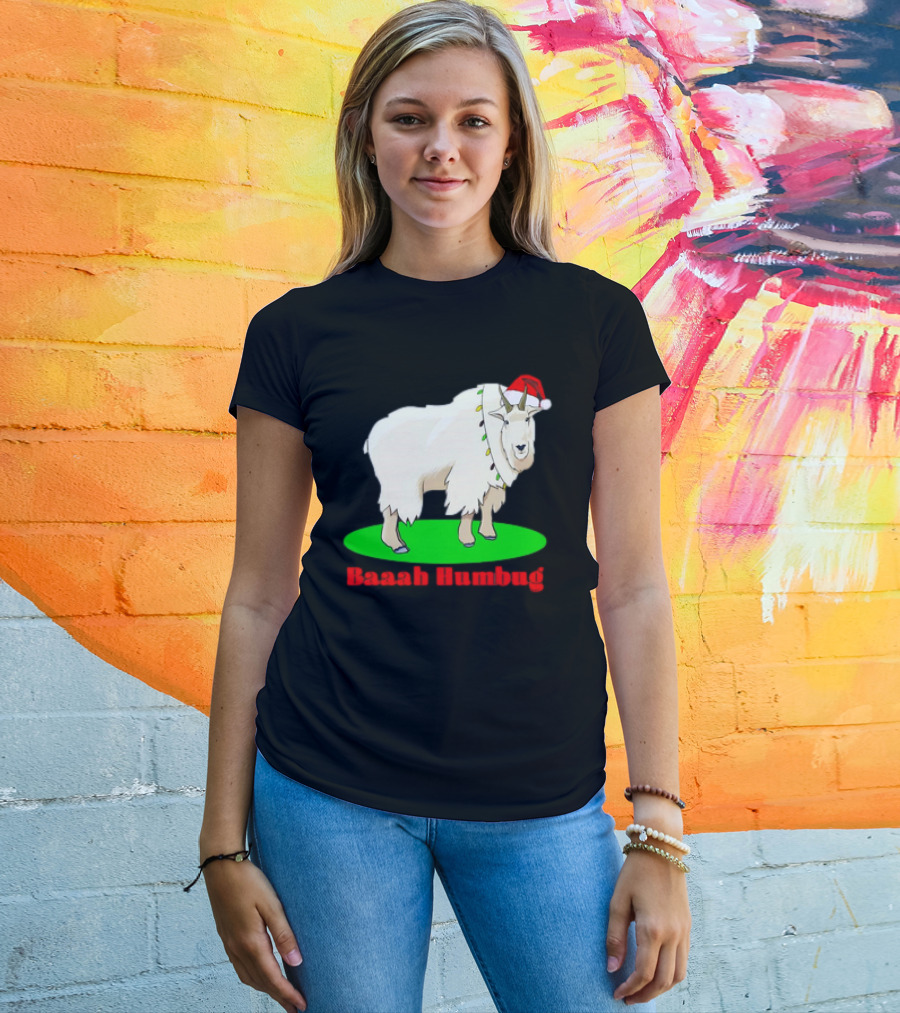 Baaah Humbug Goat With Santa Hat Holiday Lights T-Shirt