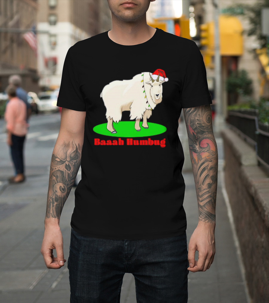Baaah Humbug Goat With Santa Hat Holiday Lights T-Shirt