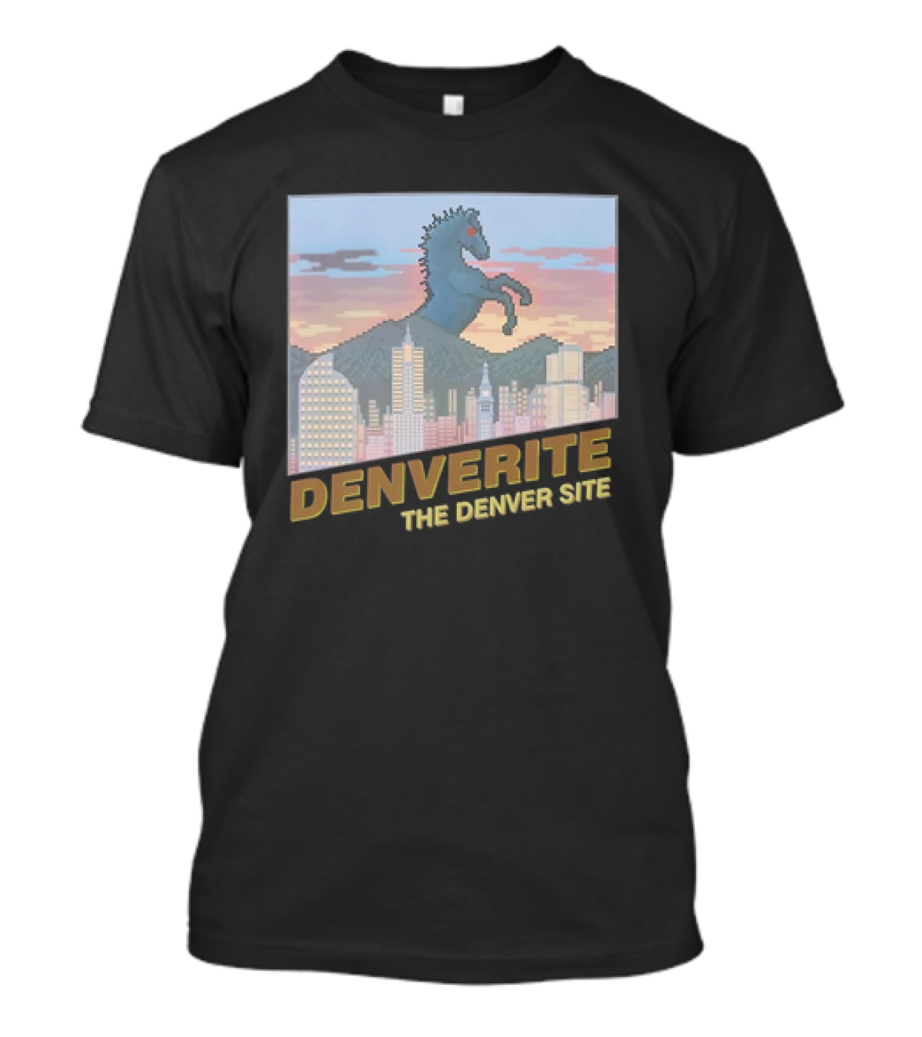 Denverite The Denver Site City Skyline And Rearing Blue Mustang T-Shirt