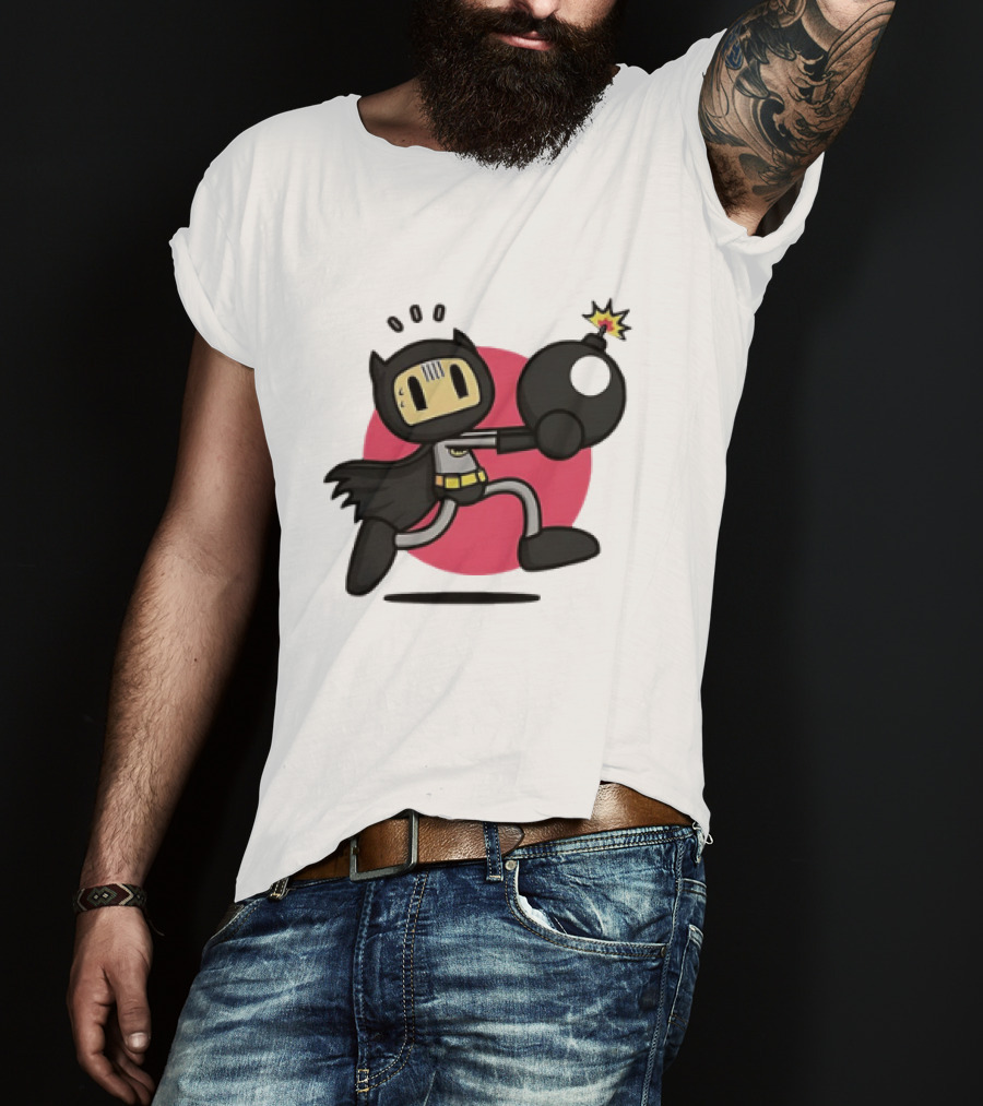 Batman Meets Bomberman Crossover With Iconic Superhero Cape And Explosive Action T-Shirt