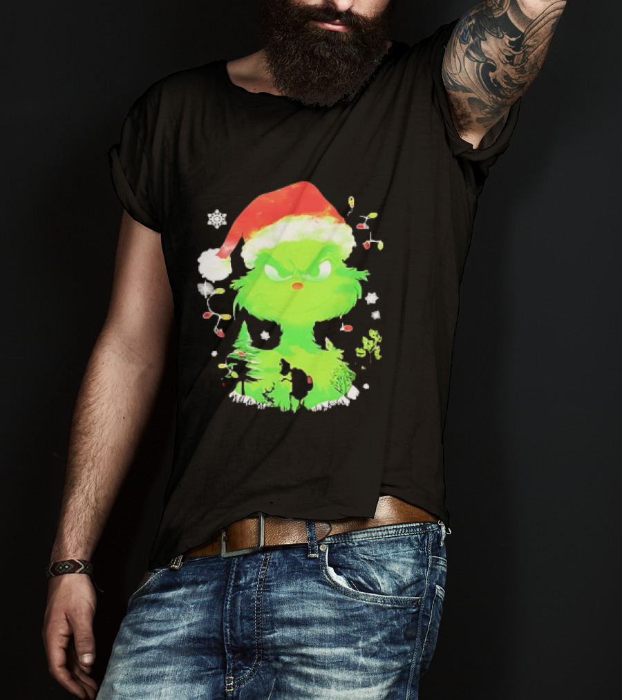 Grinch In Santa Hat Surrounded By Snowflakes And Christmas Lights T-Shirt