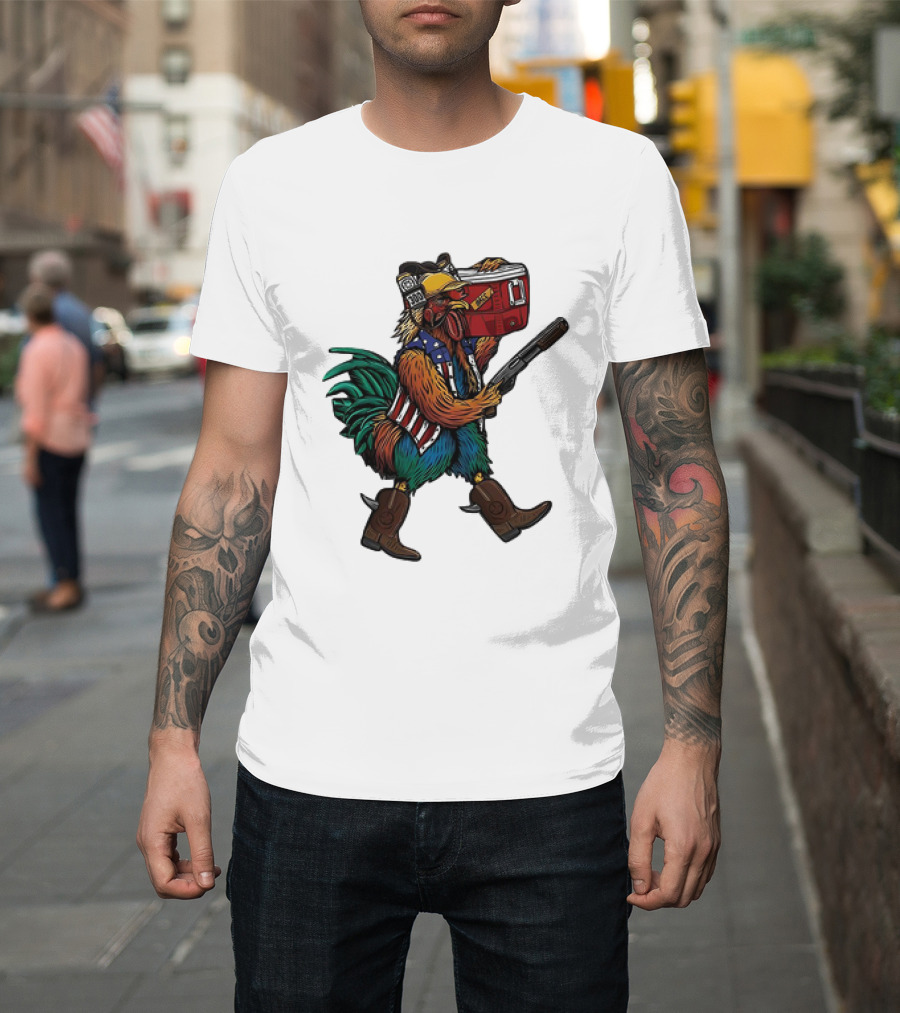 Merica Tacticock Chicken Patriotic Rooster with Beer Cooler and Shotgun T-Shirt
