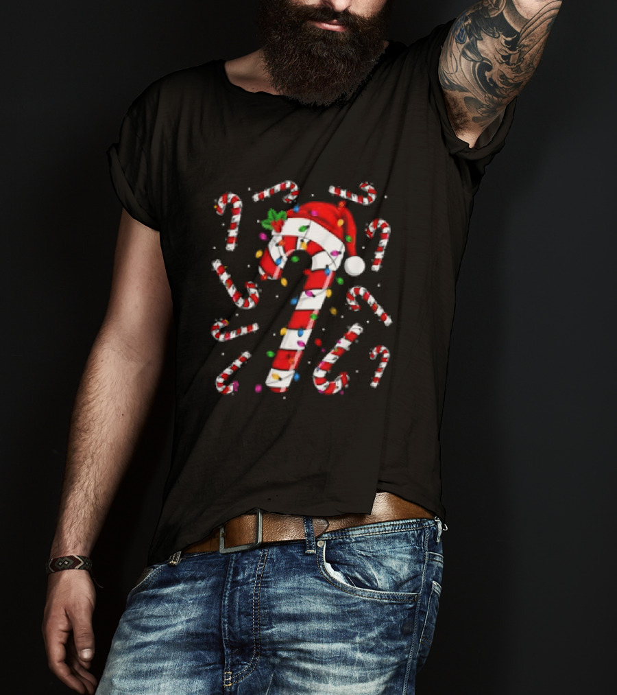 Santa Hat Red And White Candy Cane With Colorful Christmas Lights T-Shirt