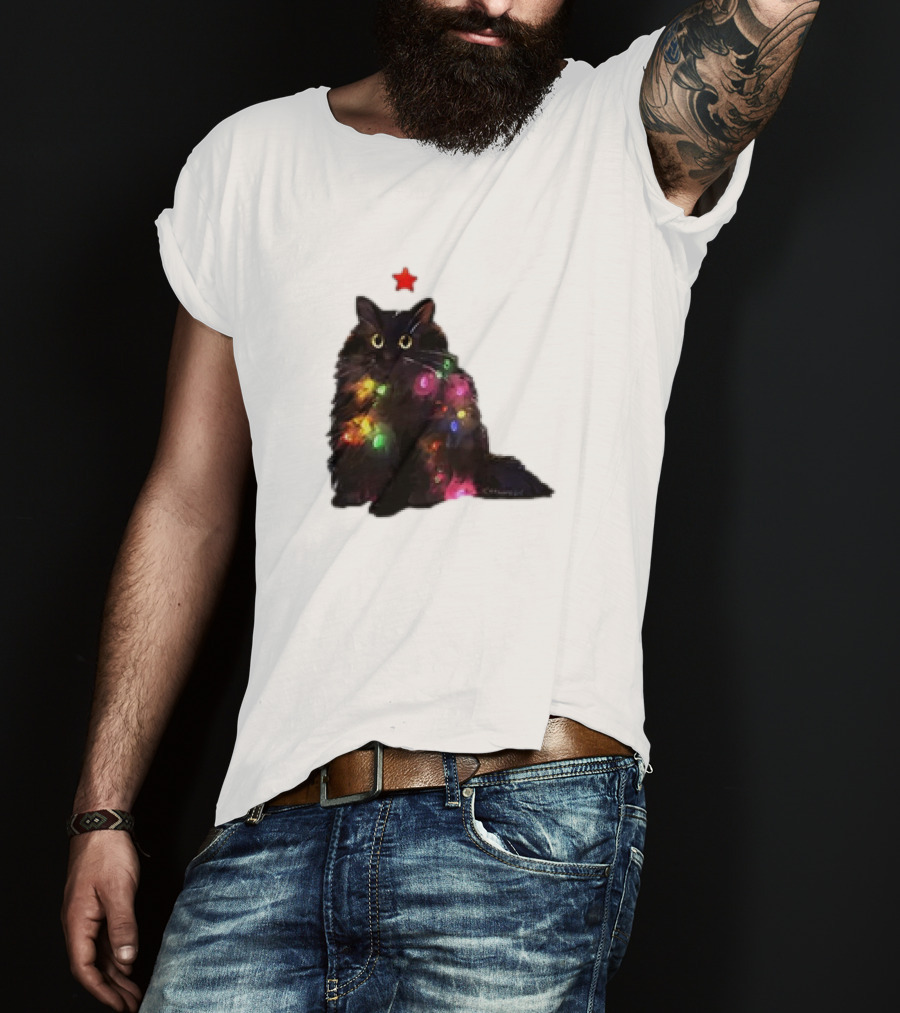 Black Cat Wrapped In Colorful Christmas Lights With Red Star T-Shirt