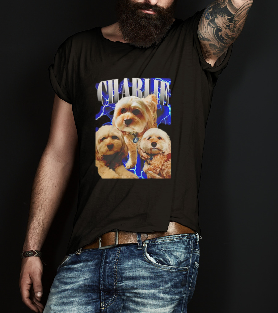 Charlie Three Dogs Blue Lightning Background T-Shirt