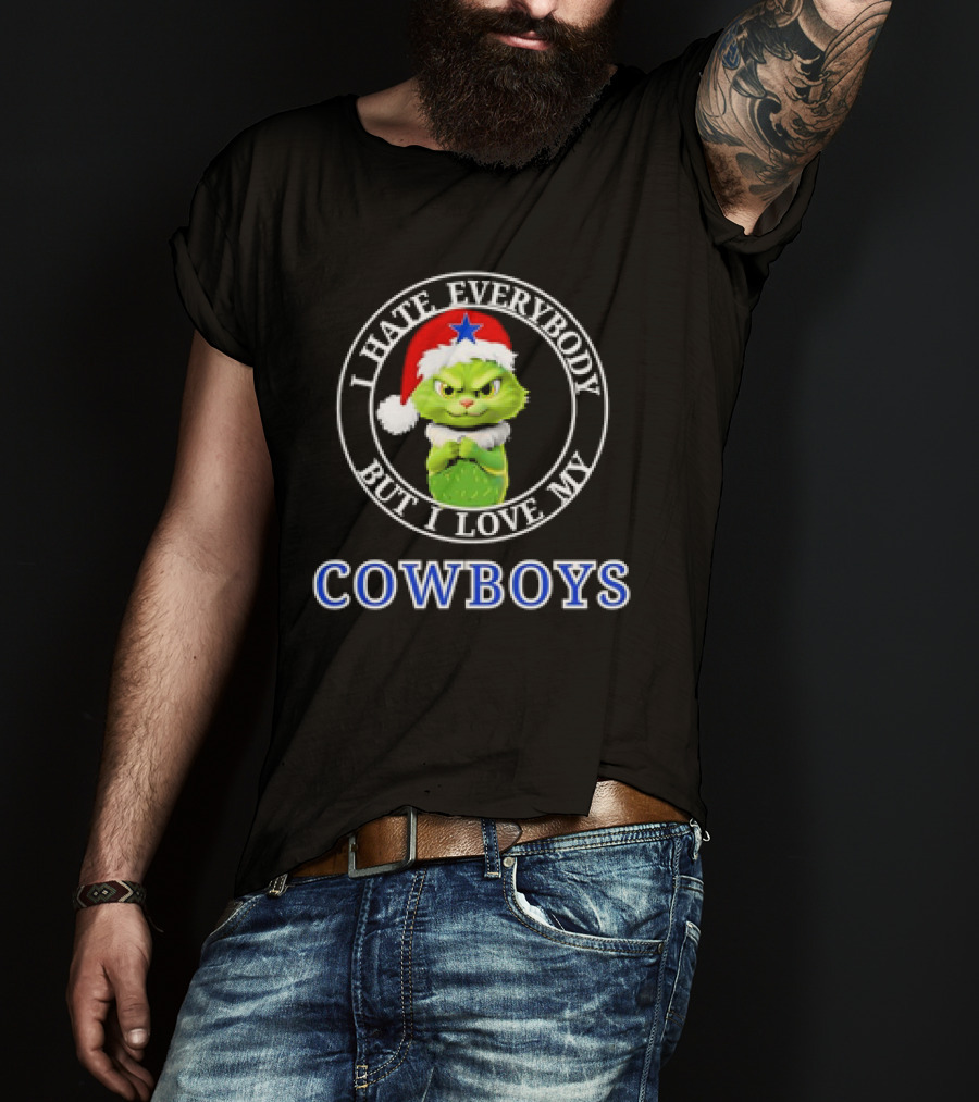 I Hate Everybody But I Love My Cowboys Grinchy Cat Christmas Santa Hat T-Shirt