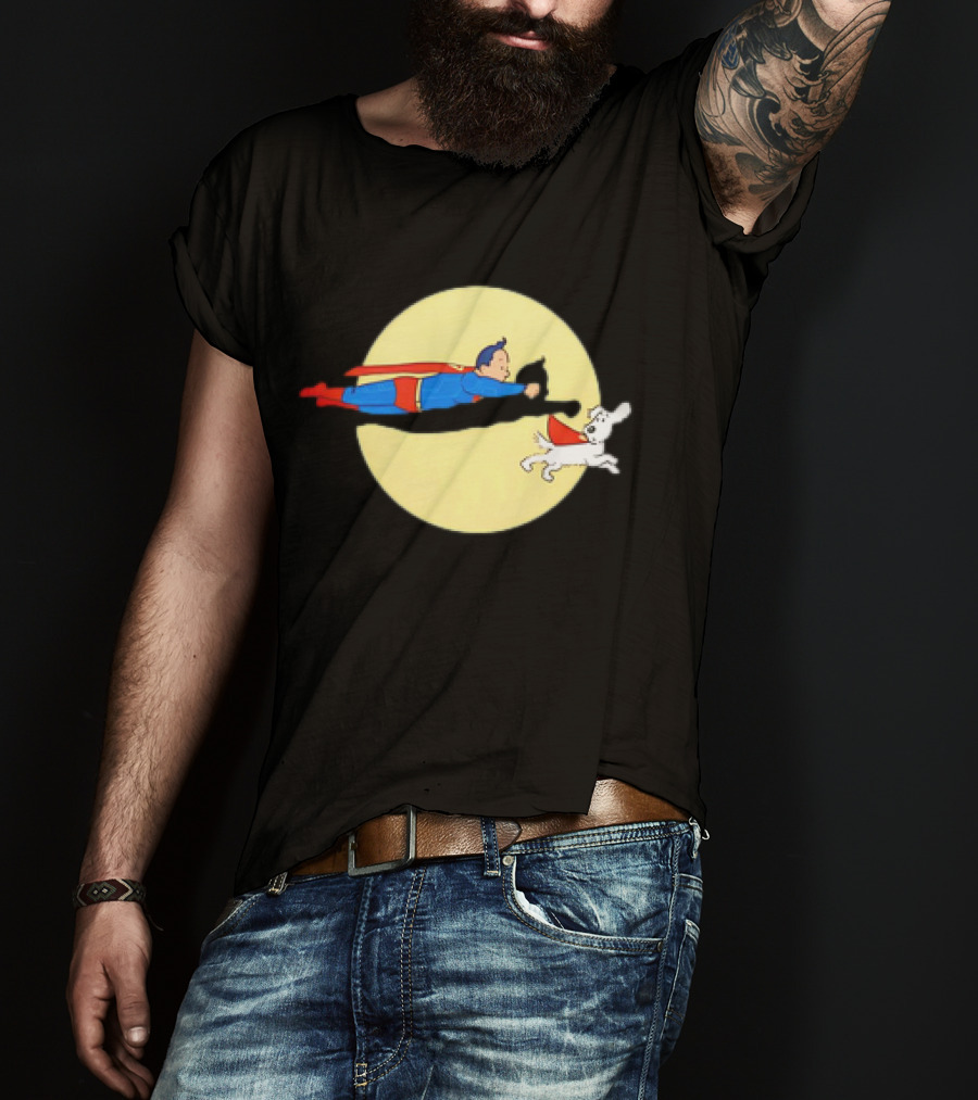 Superman And Krypto X The Adventures Of Tintin Super Tintin Flying Duo Moon Background T-Shirt
