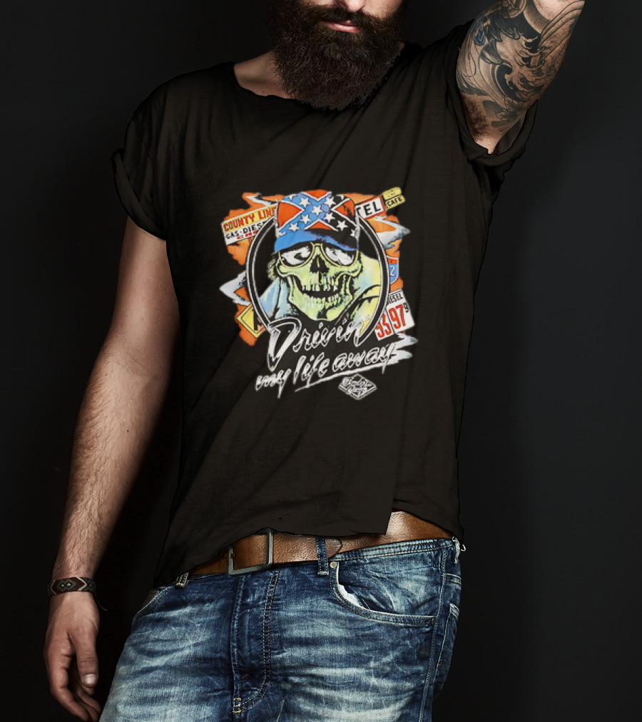 Driven My Life Away Thelma And Louise Skull With Route 66 County Line Symbols T-Shirt