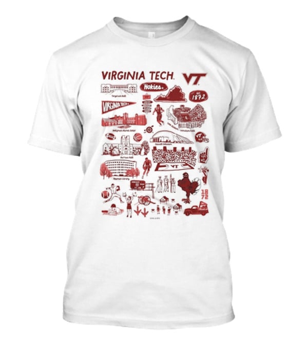 Virginia Tech Hokies VT 1872 Campus Map Lane Stadium Blacksburg Basketball Football HokieBird Burruss Hall Memorial Chapel Torgersen Bridge Monorail Library T-Shirt
