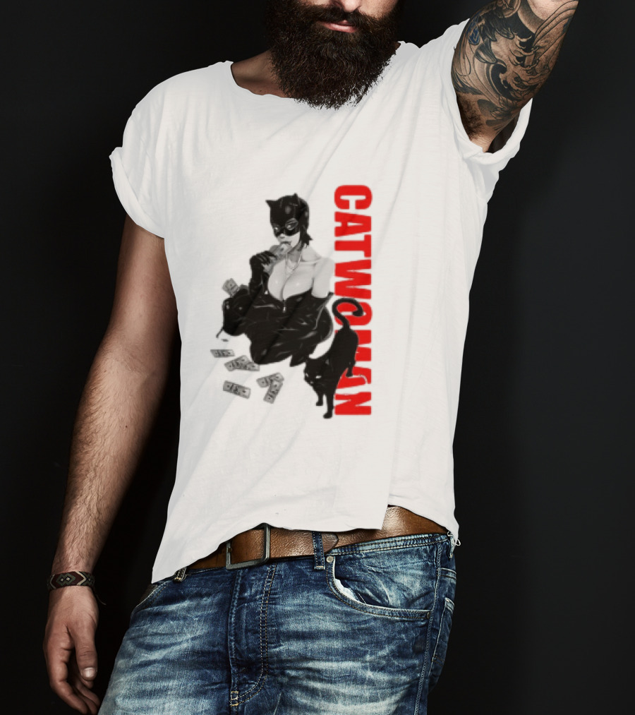 Catwoman Cartoon Noir With Money And Black Cat T-Shirt