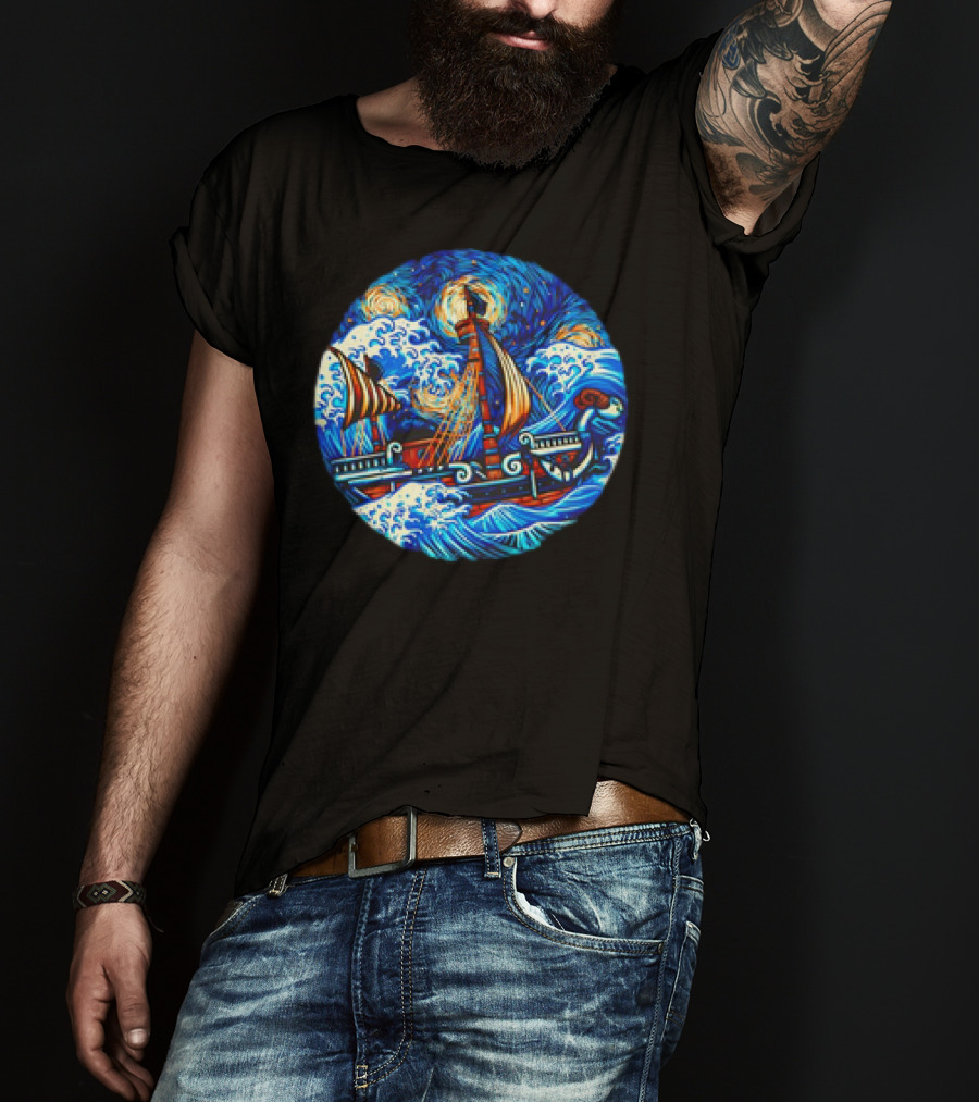 Going Merry One Piece Pirate Ship Van Gogh Wave T-Shirt
