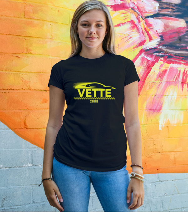 Vette 2000 Sports Car Yellow Silhouette And Checkered Stripe T-Shirt