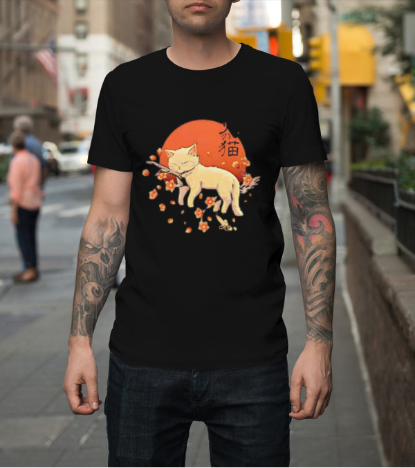 Shirt: Sleeping Cat with Blossoms Under Red Sun T-Shirt Sleeping Cat with Blossoms Under Red Sun T-Shirt