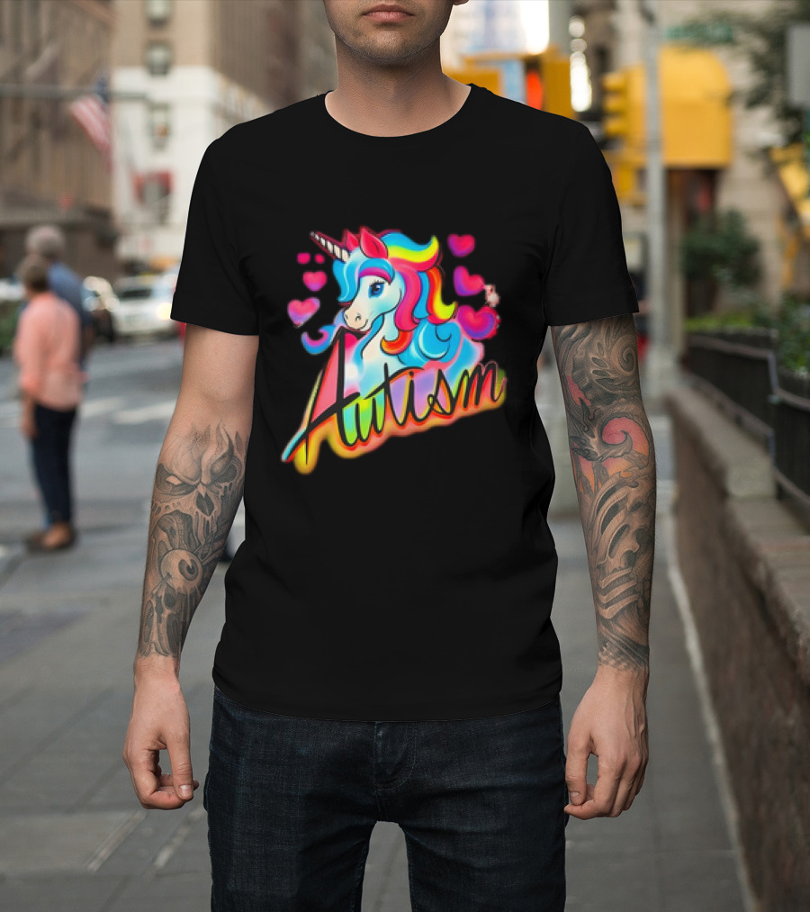 Autism Unicorn with Colorful Hearts T-Shirt