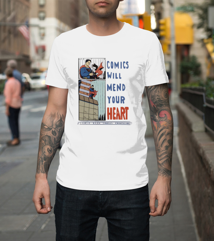 Comics Will Mend Your Heart Comic Book Couples Counseling Iconic Characters Embrace T-Shirt