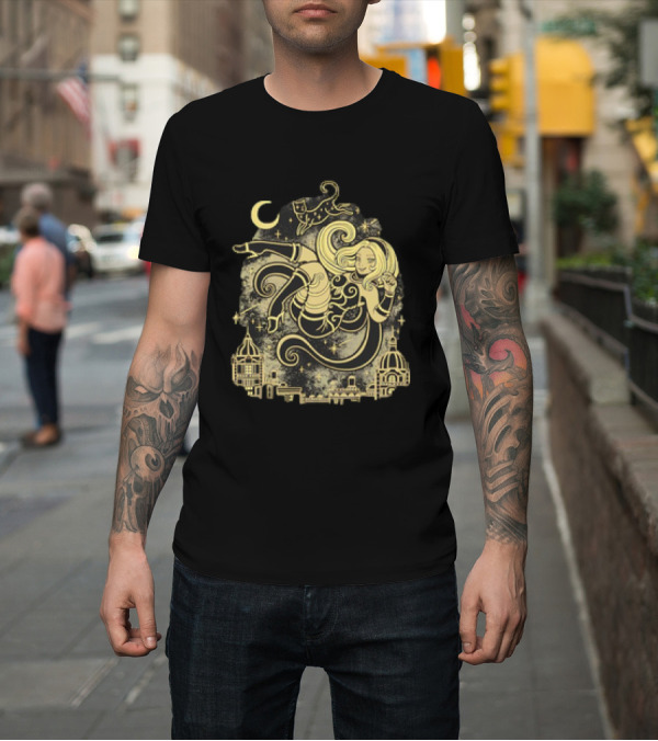 Shirt: Gravity Rush Floating Cat and Girl in the Sky with Crescent Moon Cityscape T-Shirt Gravity Rush Floating Cat and Girl in the Sky with Crescent Moon Cityscape T-Shirt