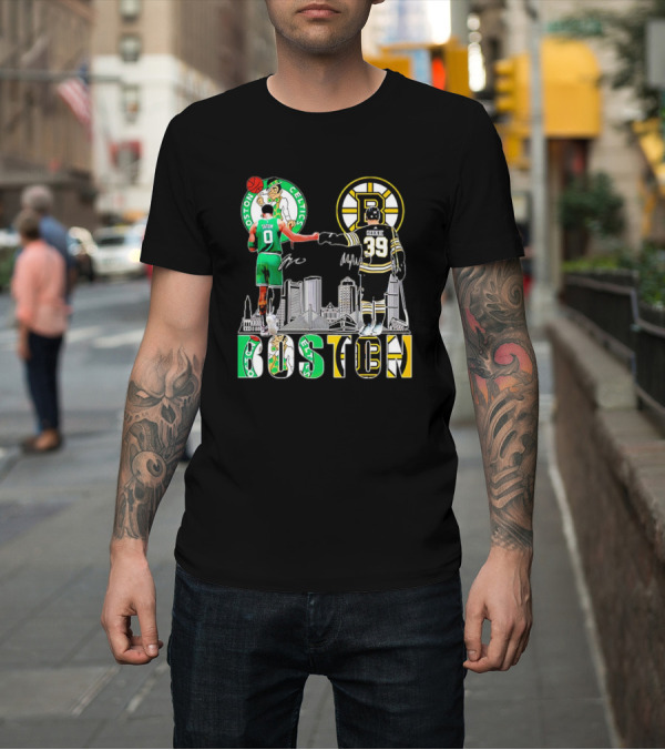 Shirt: Boston Celtics Jayson Tatum Boston Bruins Morgan Geekie Signatures Skyline T-Shirt Boston Celtics Jayson Tatum Boston Bruins Morgan Geekie Signatures Skyline T-Shirt