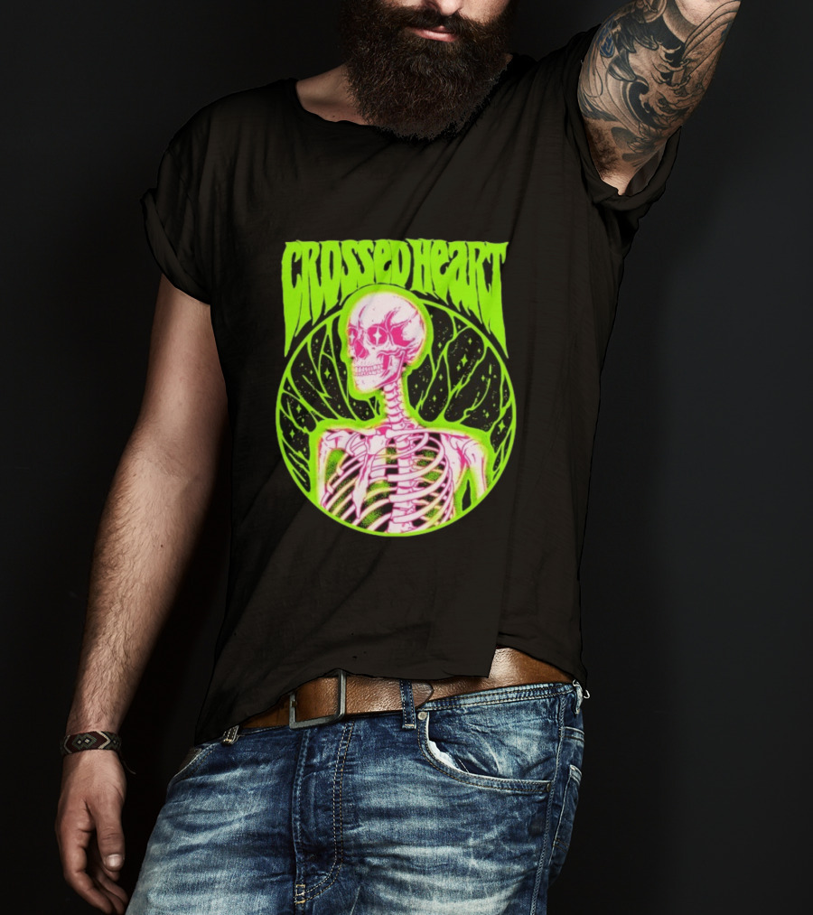 Crossed Heart Skeleton Neon Illustration T-Shirt