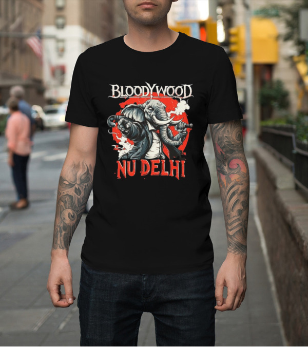 Shirt: Bloodywood Nu Delhi Elephant with Nunchaku and Explosive Background T-Shirt Bloodywood Nu Delhi Elephant with Nunchaku and Explosive Background T-Shirt