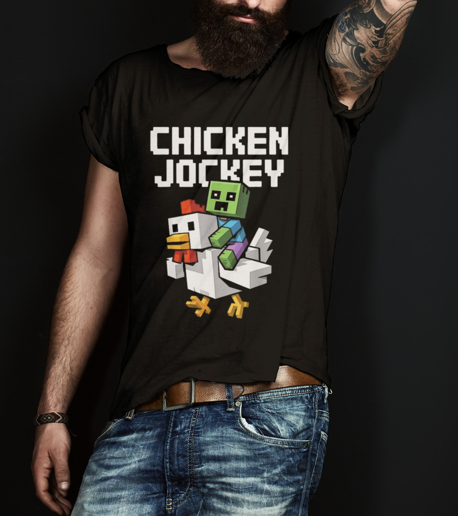 CHICKEN JOCKEY Pixelated Green Zombie Riding White Chicken T-Shirt