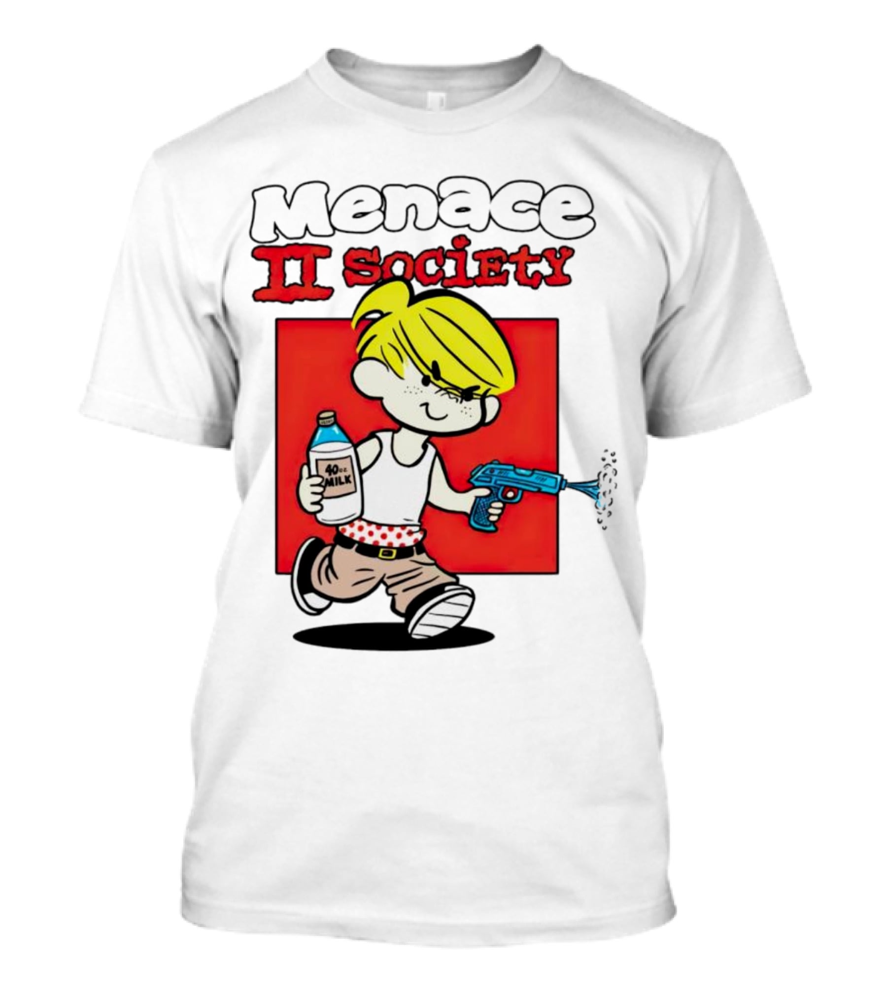Menace II Society Cartoon Character With Squirt Gun And Milk T-Shirt