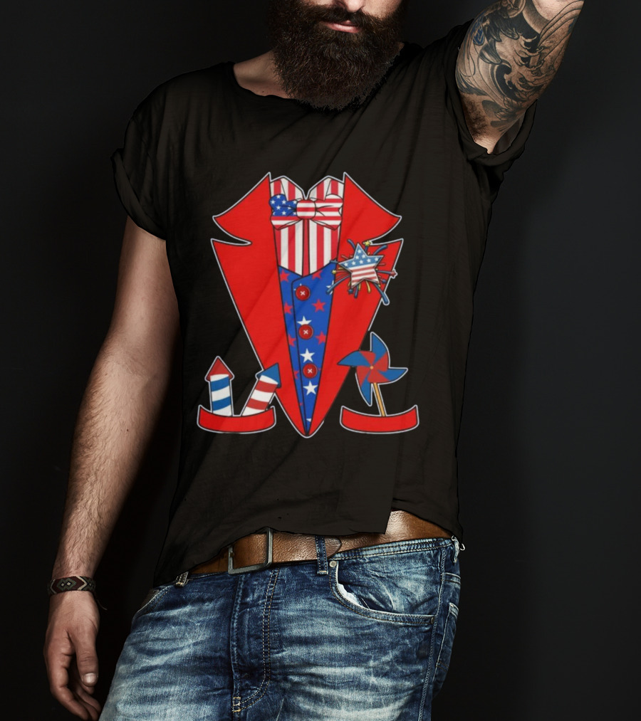Patriotic Stars And Stripes Tuxedo With Fireworks And Pinwheel T-Shirt