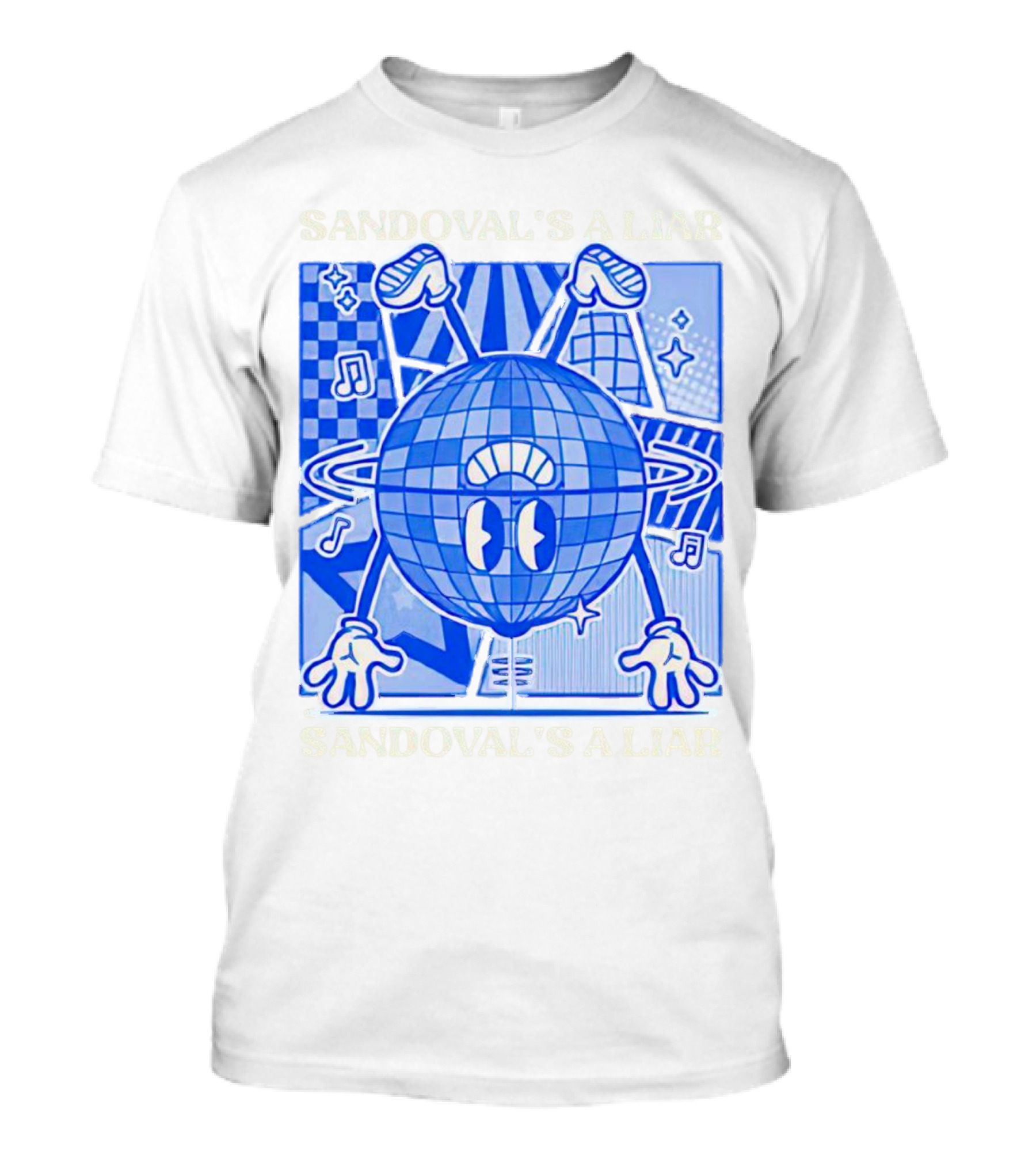 Sandoval's A Liar Blue Globe Cartoon Music Notes Geometric Background T-Shirt