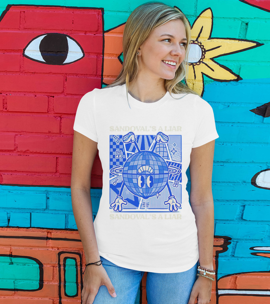 Sandoval's A Liar Blue Globe Cartoon Music Notes Geometric Background T-Shirt