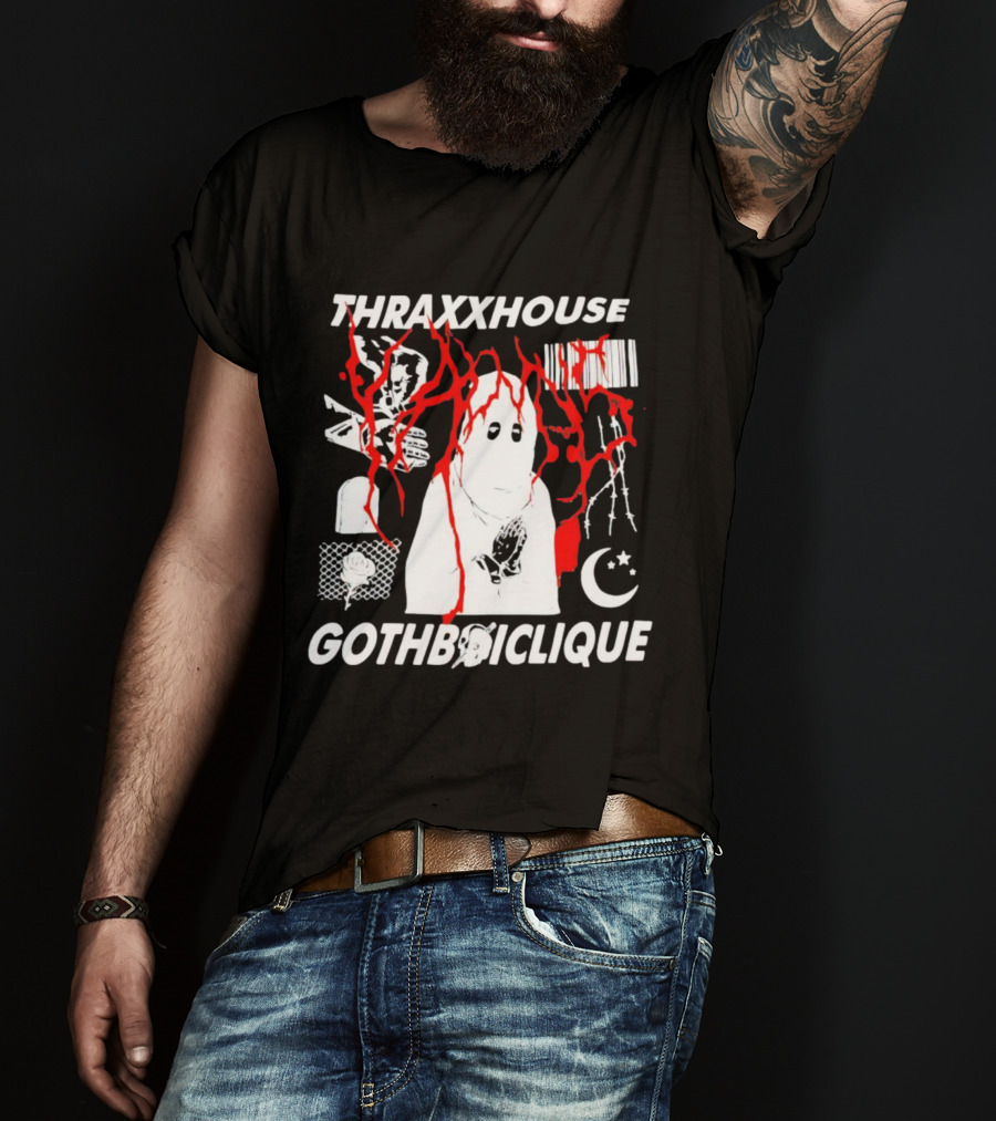 Thraxxhouse Gothboiclique Praying Figure With Barcode Rose Crescent Moon And Abstract Red Streaks T-Shirt