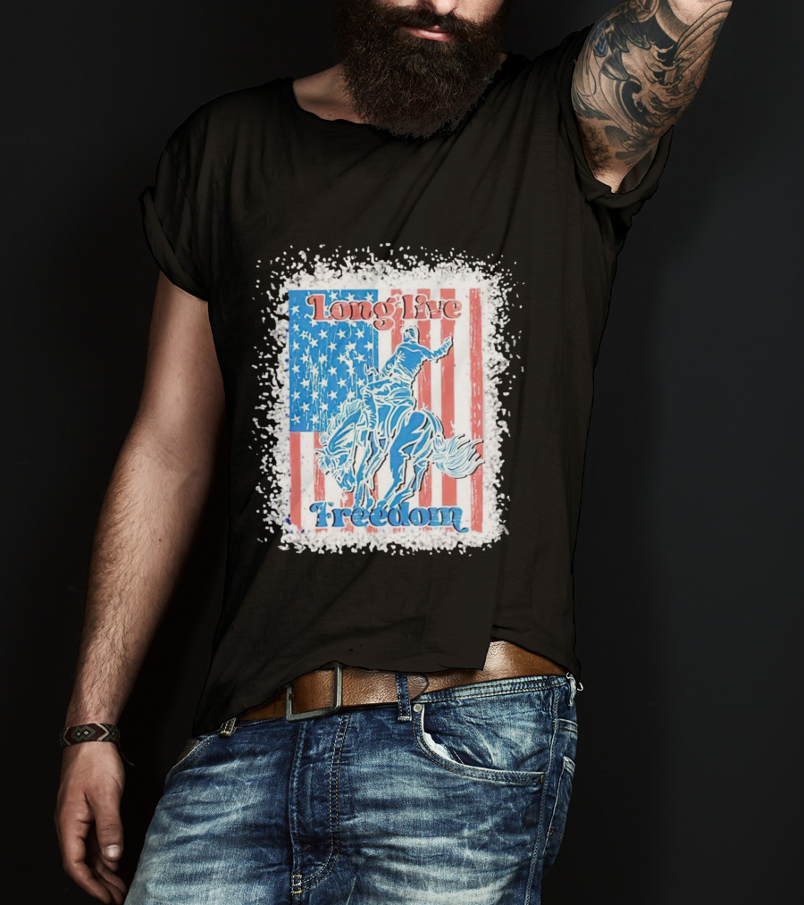 Long Live Freedom America Flag Cowboy And Horse T-Shirt