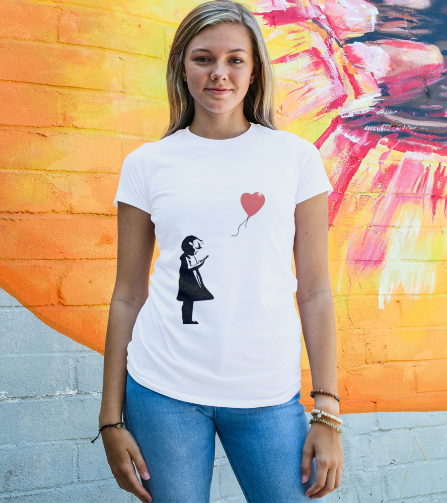 Girl With Phone Heart Balloon Black Dark Shadow T-Shirt