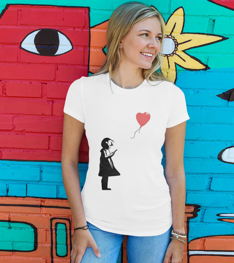 Girl With Phone Heart Balloon Black Dark Shadow T-Shirt