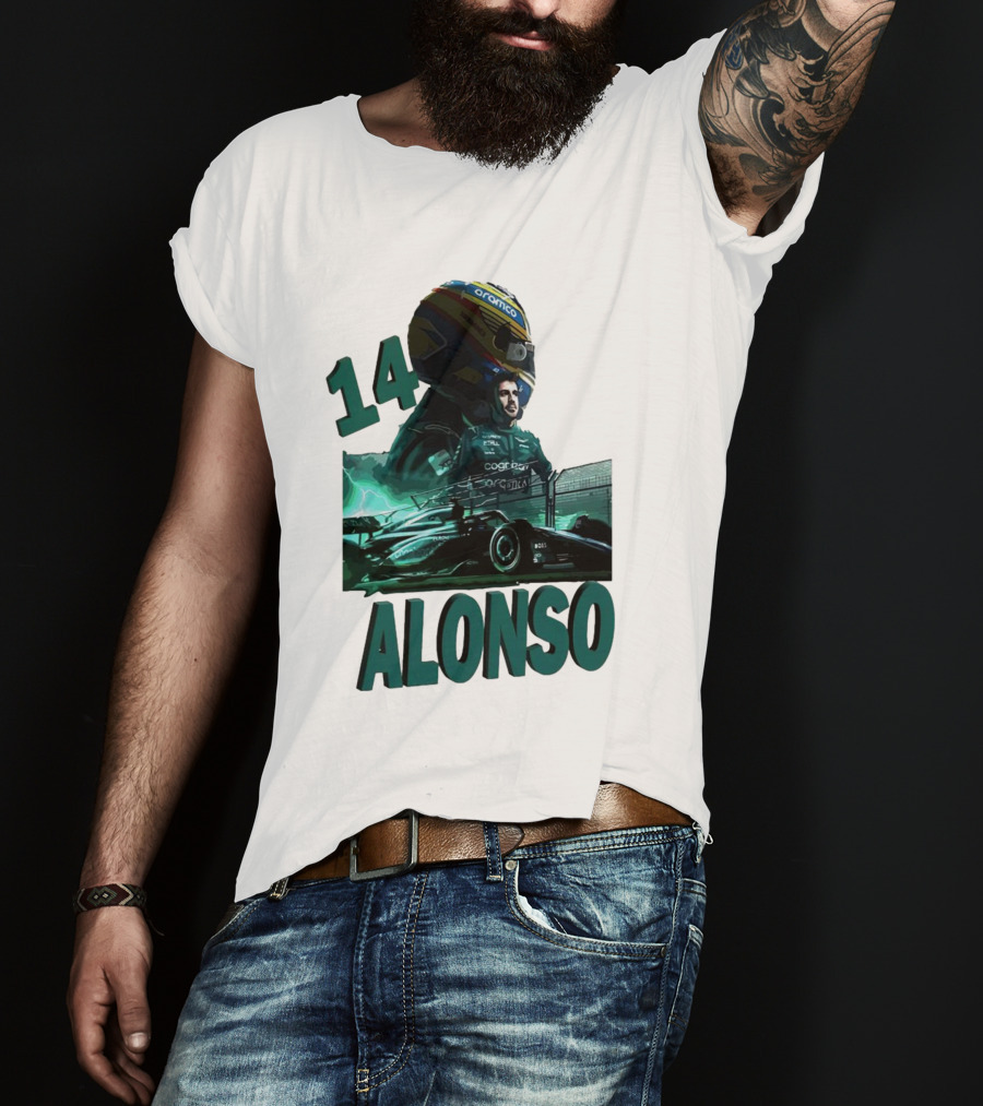 14 Alonso Aramco Racing Helmet And Car T-Shirt