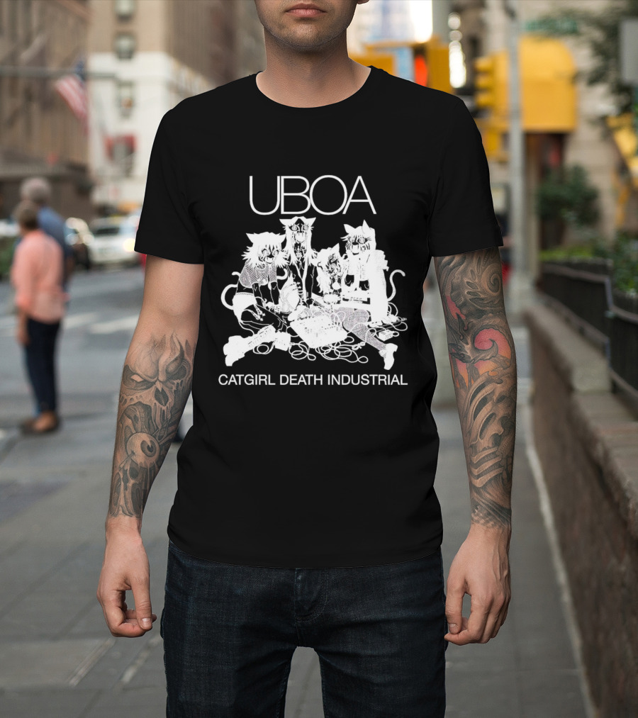 UBOA Catgirl Death Industrial White Text and Figures T-Shirt