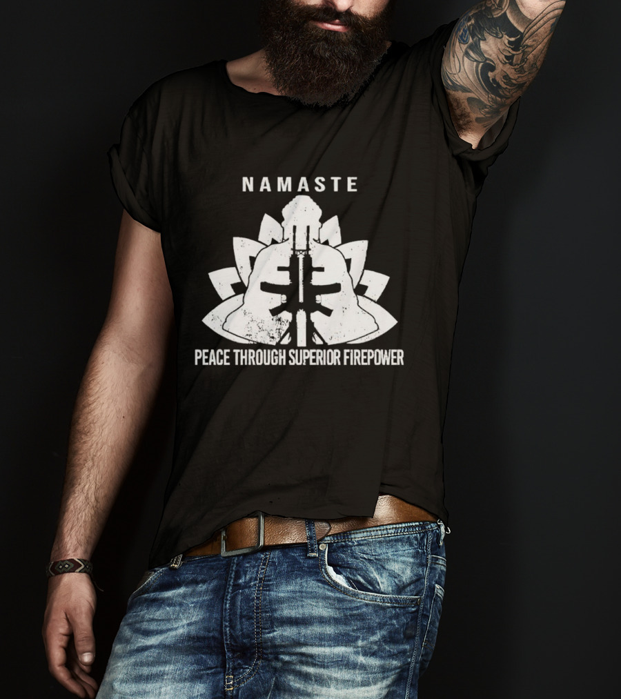 Namaste Peace Through Superior Firepower Lotus Helmet Gunpowder Mandala T-Shirt