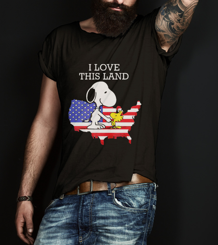 Snoopy Woodstock I Love This Land American Flag USA Map T-Shirt