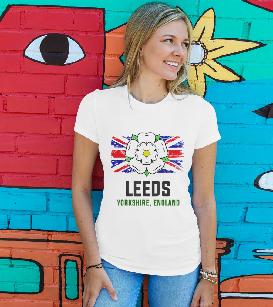 Leeds Yorkshire England Black Rose Union Jack T-Shirt