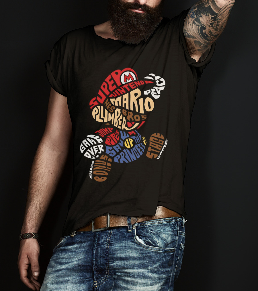 Super Nintendo Mario Bros Plumber Jump Stage Game Typography T-Shirt