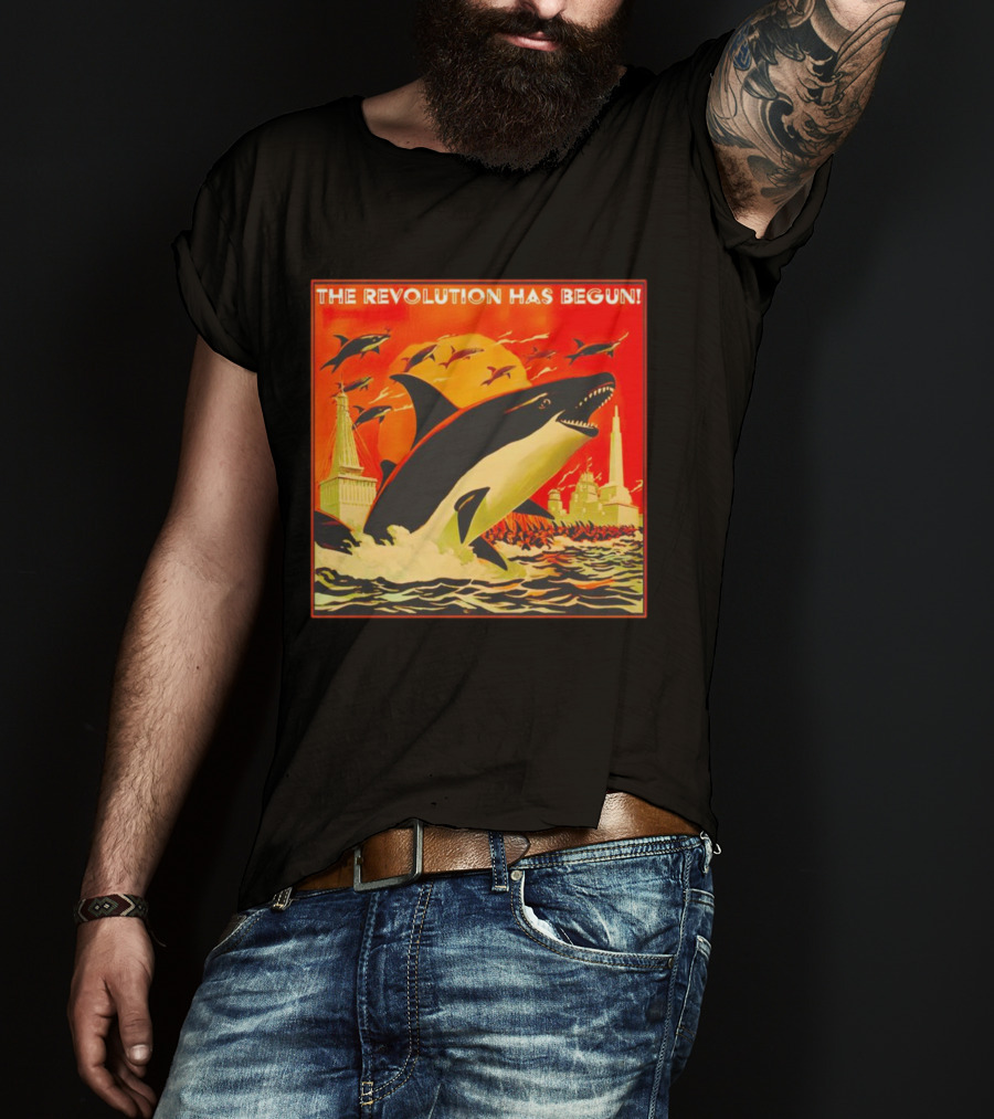 The Revolution Has Begun Orca Tower Attack With Jumping Killer Whales And Red Sky T-Shirt