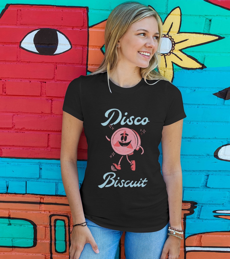 Disco Biscuit Dancing Cartoon Style On Checkered Floor T-Shirt