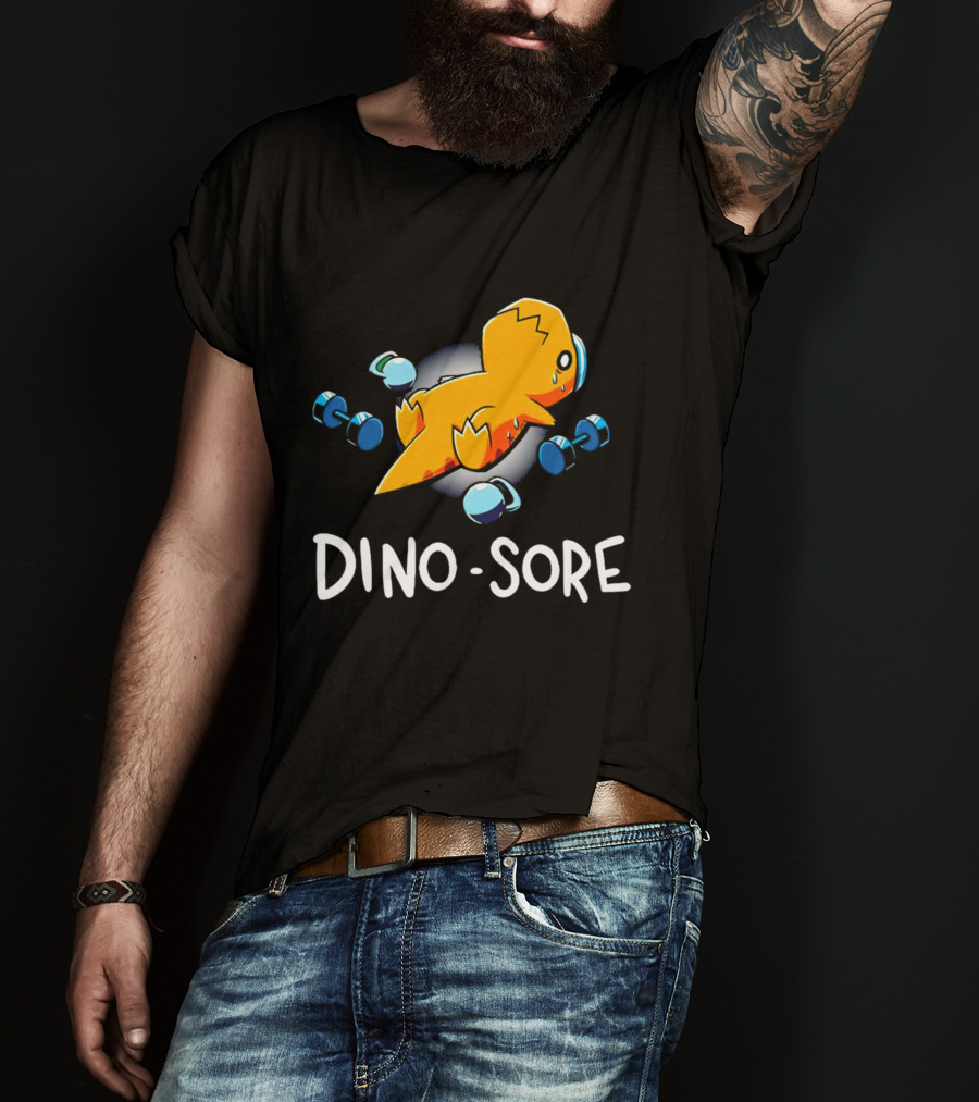 Elspeth Eastman Dino Sore Cute Tired Dinosaur With Weights T-Shirt