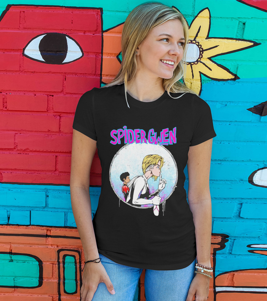 Spider-Gwen Silence Gesture With Spider Emblem Background T-Shirt