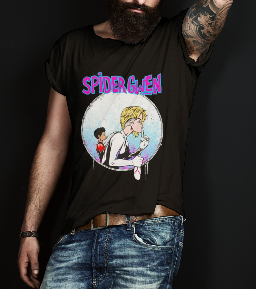 Spider-Gwen Silence Gesture With Spider Emblem Background T-Shirt