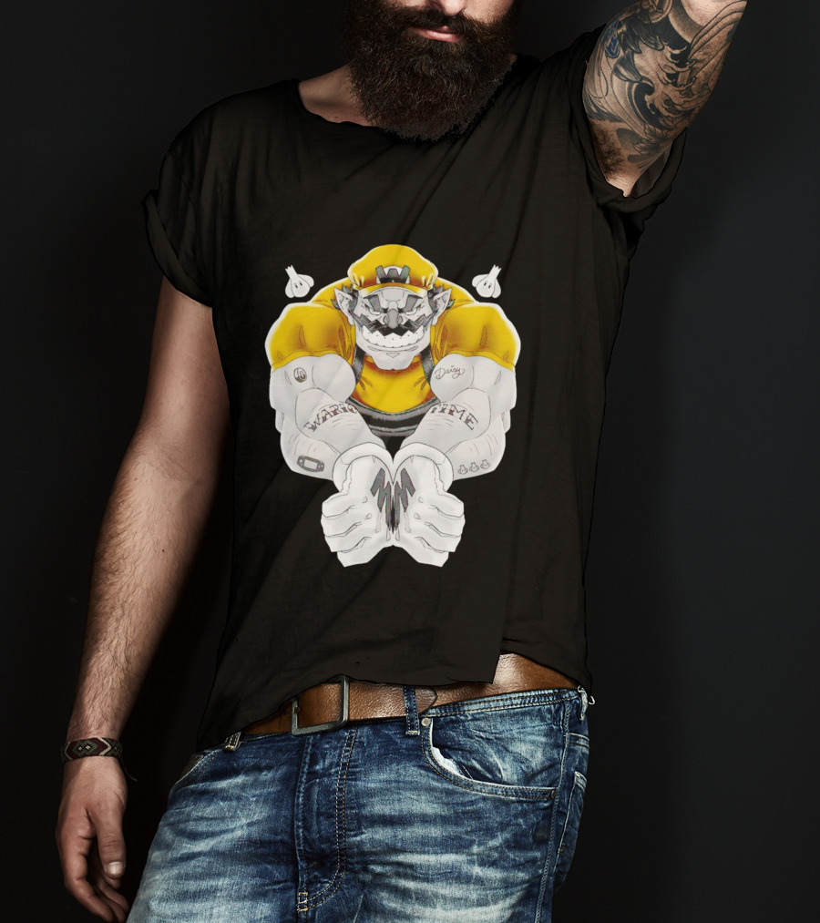 Wario Time Mario Daisy Tattoo With Yellow Cap And Muscle Pose T-Shirt