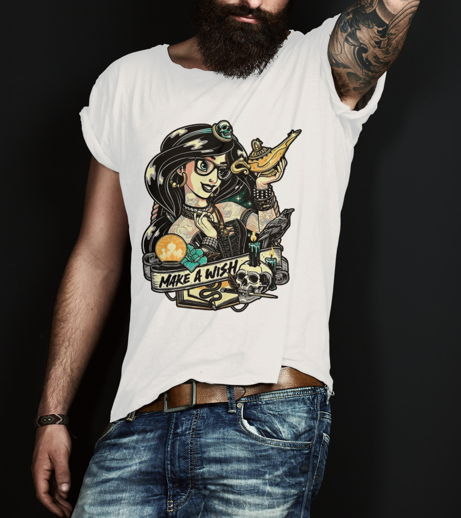 Jasmine Princess Aladdin Make A Wish Tattoo Style With Skull And Lamp T-Shirt