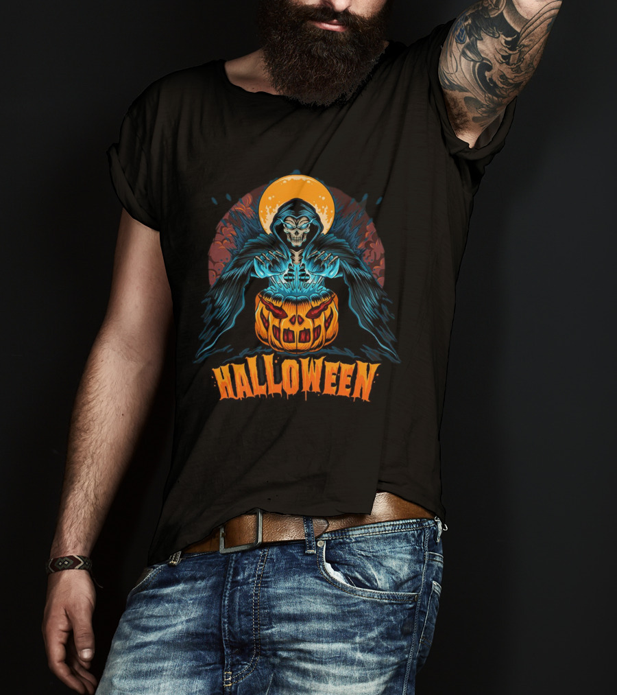 Grim Reaper With Pumpkin And Full Moon Halloween T-Shirt